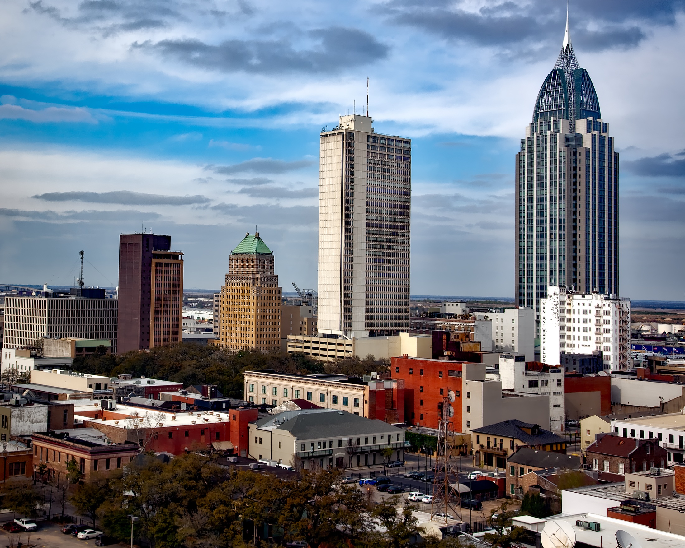 A view of the city skyline from above.