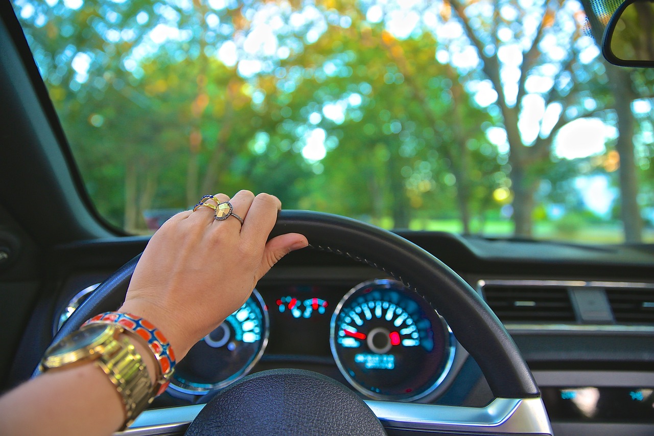 A person driving in the car with their hand on the steering wheel.