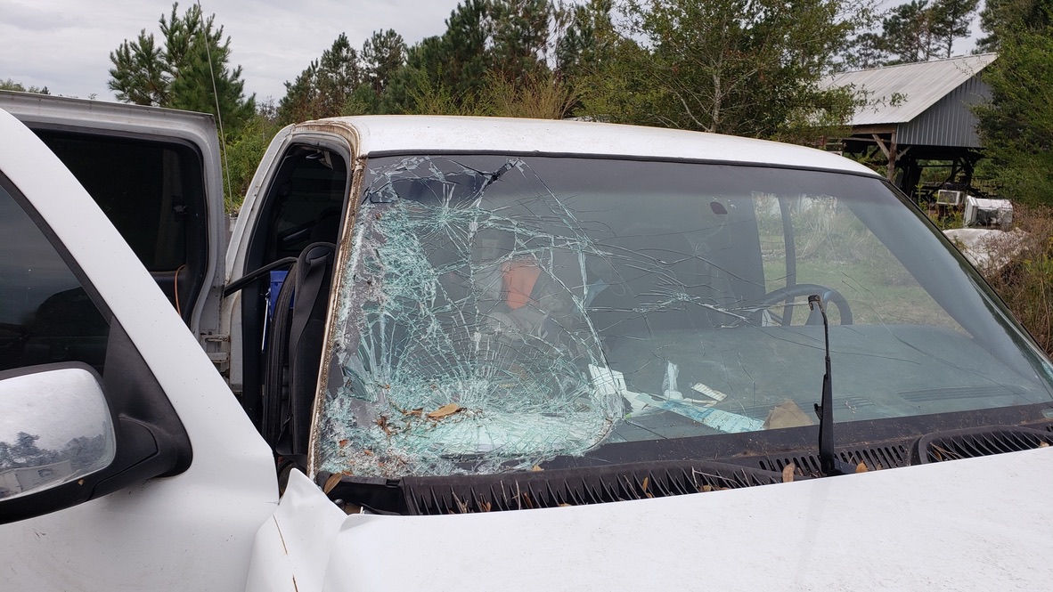 Damaged windshield truck